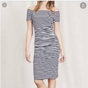 Boden Black and White Striped Dress with Ruching